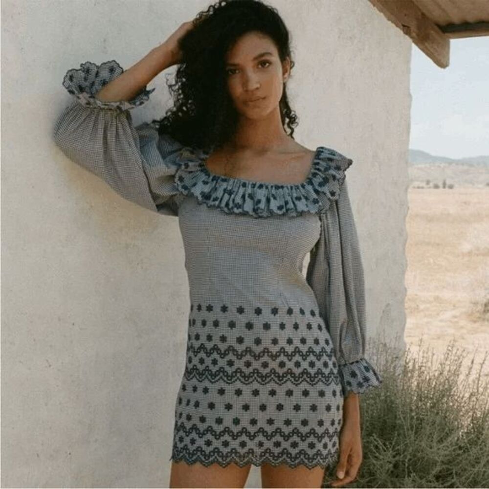Dôen Franique Azure Paris Blue Gingham Ruffle Neck Dress Women's Size XL NWT